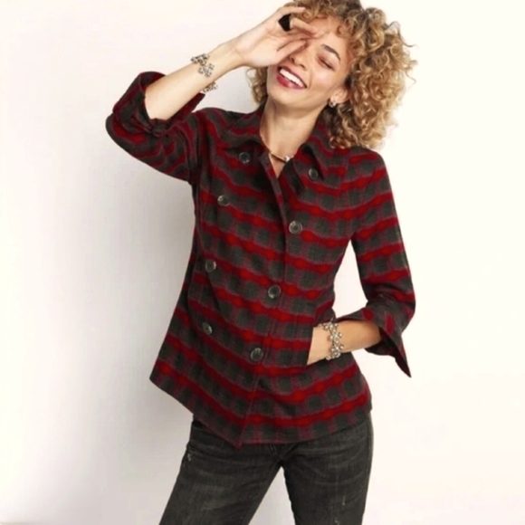 Cabi Red Buffalo Plaid Evermore Inspired Flannel Blazer Peacoat M - Picture 1 of 7